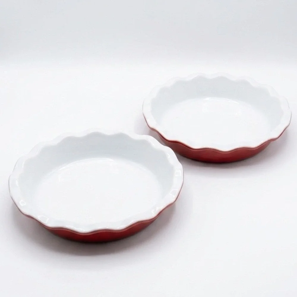 Emile Henry France Red Ruffled Pie Dishes Ceramic Baking Pans Set 2 81.82 Vtg.